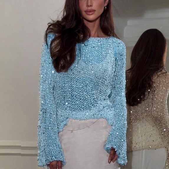 Endives Womens Sequin Crochet Top Boat Neck Knit Tops Summer Mesh Swimsuit Cover Up Long Sleeve Sweaters Coverup Pullover Top Beach Wear Night Out Clubwear Sky Blue L
