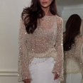 thumbnail image 1 of Endives Womens Sequin Crochet Top Boat Neck Knit Tops Summer Mesh Swimsuit Cover Up Long Sleeve Sweaters Coverup Pullover Top Beach Wear Night Out Clubwear Gold S, 1 of 4