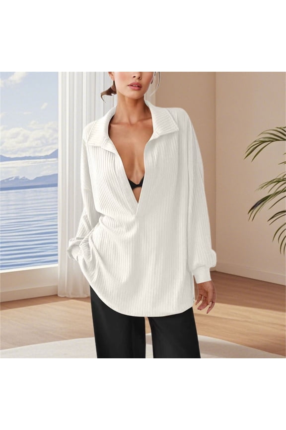 Womens Shirts Deep V Neck Cut Tops Fall Winter Long Sleeve T Shirts Solid Color Ribbed Knit Blouse