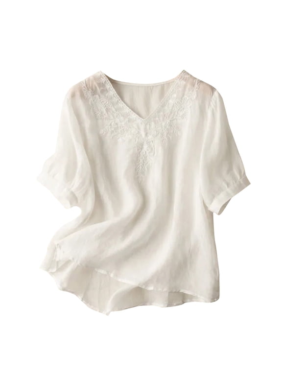 Womens Shirts Embroidered Tops Floral Cotton Linen Tunic T-shirt Tee 3/4 Sleeve V Neck Button Boho Ethnic Womens Tops