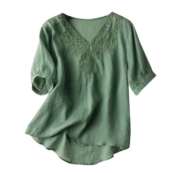 Endives Womens Shirts Embroidered Tops Floral Cotton Linen Tunic T-shirt Tee 3/4 Sleeve V Neck Button Boho Ethnic Womens Tops