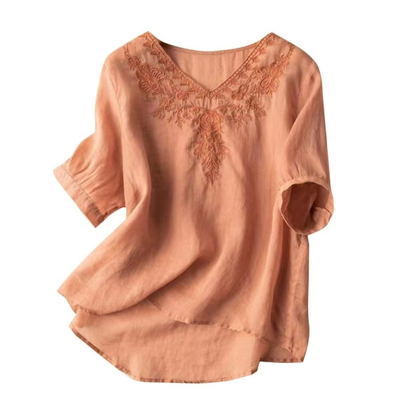 Endives Womens Shirts Embroidered Tops Floral Cotton Linen Tunic T-shirt Tee 3/4 Sleeve V Neck Button Boho Ethnic Womens Tops