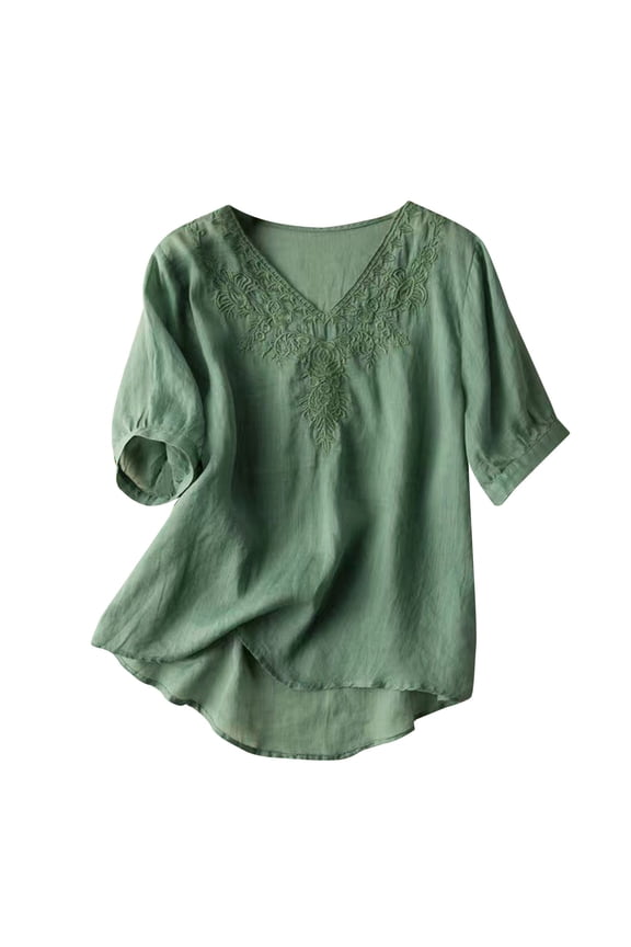 Womens Shirts Embroidered Tops Floral Cotton Linen Tunic T-shirt Tee 3/4 Sleeve V Neck Button Boho Ethnic Womens Tops