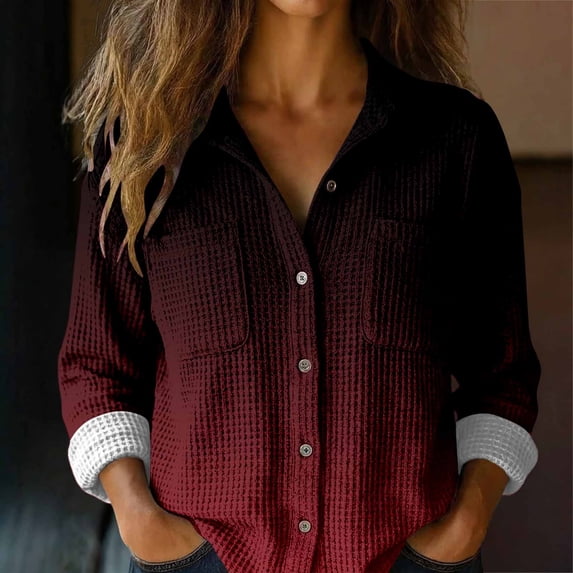 Endives Womens Shirts Gradient Color Casual Long Sleeve Button Down Blouse Shirt Womens Tops Spring Outfit