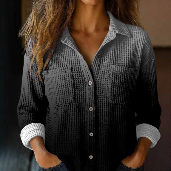Endives Womens Shirts Gradient Color Casual Long Sleeve Button Down Blouse Shirt Womens Tops Spring Outfit