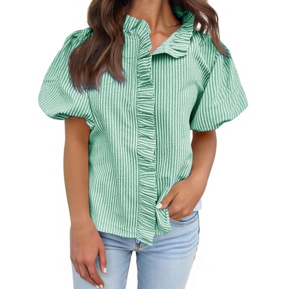 Endives Womens Short Sleeve Shirt Summer Fashion Ruffled Collar Striped Printed Casual Button Down Shirt Summer Green