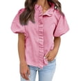 thumbnail image 1 of Endives Womens Short Sleeve Shirt Summer Fashion Ruffled Collar Striped Printed Casual Button Down Shirt Summer Red, 1 of 3