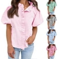 thumbnail image 1 of Endives Womens Short Sleeve Shirt Summer Fashion Ruffled Collar Striped Printed Casual Button Down Shirt Summer Sky Blue, 1 of 4