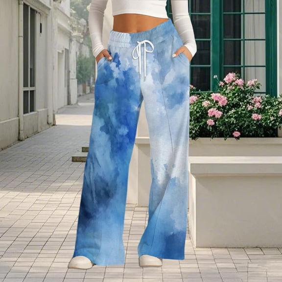 Endives Womens Sports Pants Tie Dye Printed Wide Leg Jogging Pants Drawstring Elastic High Waist Pants With Pocket