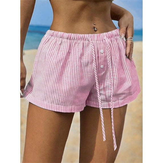Endives Womens Striped Short Elastic Tie Casual Shorts Loose Fitness Slacks Beach Short Summer