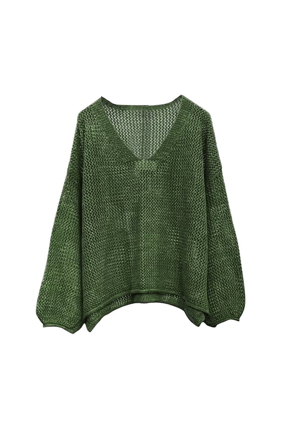 Womens Summer Crochet Tops Sweaters Resort Wear Long Sleeve Hollow Out Knit Tops Beach Coverup Knitted V Neck Pullover Top Green S