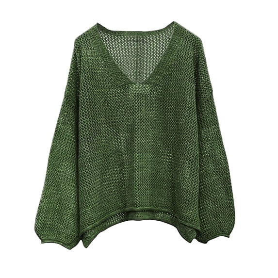 Endives Womens Summer Crochet Tops Sweaters Resort Wear Long Sleeve Hollow Out Knit Tops Beach Coverup Knitted V Neck Pullover Top Green XL
