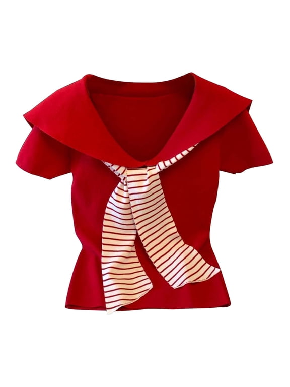 Womens Summer Top Sailor Collar Short Sleeve T-Shirts Casual Blouses Slim Fit Shirt Tunic Top Crop Top for Young Women M-4XL Red XL