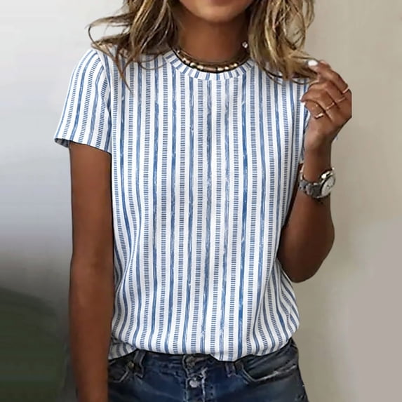 Endives Womens Summer Top Striped Tshirt for Women Round Neck Short Sleeve T Shirt Casual Loose Fit Top Summer Basic Tee Daily Wear Sky Blue L