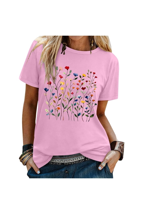Womens Summer Tops T Shirts For Women Wildflower Print Graphic Tees Crewneck Short Sleeve Tshirt Vintage Boho Style Floral T Shirts Cottagecore Tshirt Tops Going Out Top 2Pink L