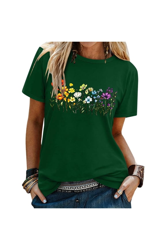 Womens Summer Tops T Shirts For Women Wildflower Print Graphic Tees Crewneck Short Sleeve Tshirt Vintage Boho Style Floral T Shirts Cottagecore Tshirt Tops Going Out Top 1Blackish Green XXXL