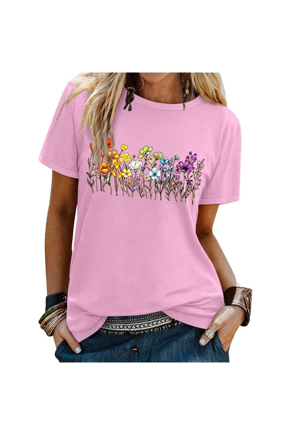Womens Summer Tops T Shirts For Women Wildflower Print Graphic Tees Crewneck Short Sleeve Tshirt Vintage Boho Style Floral T Shirts Cottagecore Tshirt Tops Going Out Top 1Pink S
