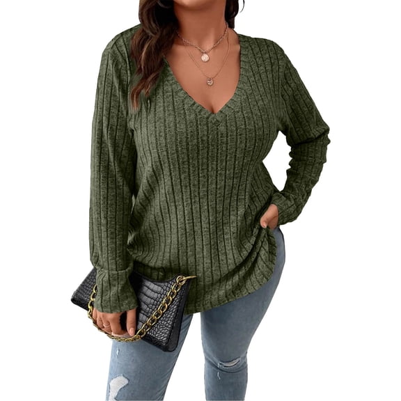 Endives Womens Sweater Casual Knit V Neck Solid Color Tops Lightweight Long Sleeve Tops Womens Plus XL-5XL