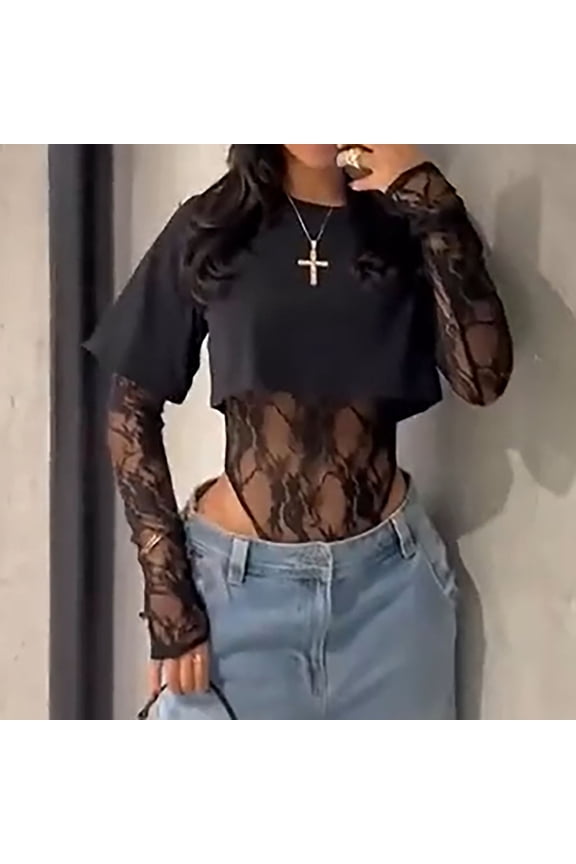 Womens T-shirts Round Neck Solid Color Short T Shirt Patchwork Lace Casual Top Two-piece Set Hottie Bodysuit