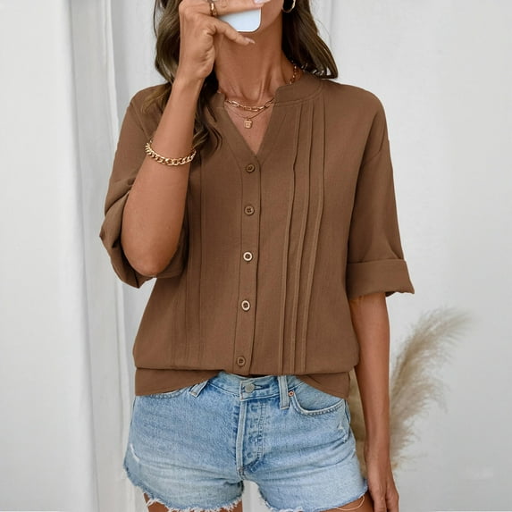 Endives Womens Tops Cotton Linen Button Down Shirts V Neck Pleated Casual Loose Blouses Roll Up Sleeve Shirt Spring Summer