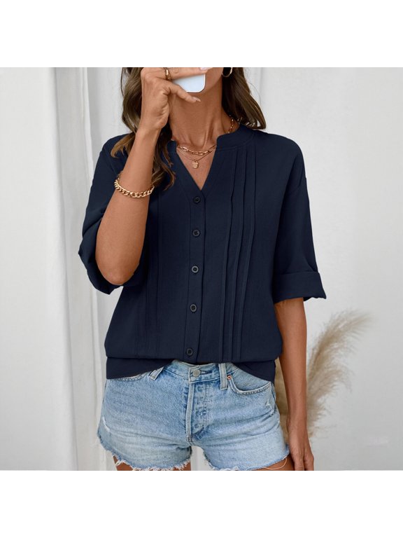 Womens Tops Cotton Linen Button Down Shirts V Neck Pleated Casual Loose Blouses Roll Up Sleeve Shirt Spring Summer