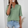 thumbnail image 1 of Endives Womens Tops Cotton Linen Button Down Shirts V Neck Pleated Casual Loose Blouses Roll Up Sleeve Shirt Spring Summer, 1 of 6