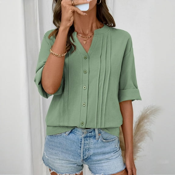Endives Womens Tops Cotton Linen Button Down Shirts V Neck Pleated Casual Loose Blouses Roll Up Sleeve Shirt Spring Summer