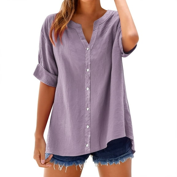 Endives Womens Tops V Neck Button Down Open Front Short Sleeve Tshirts Business Casual Basic Tee Loose Fit Shirts for Women