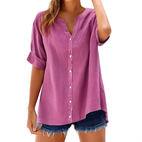 Endives Womens Tops V Neck Button Down Open Front Short Sleeve Tshirts Business Casual Basic Tee Loose Fit Shirts for Women