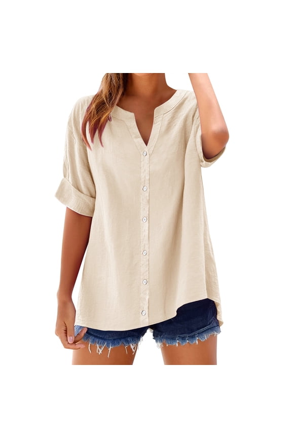 Womens Tops V Neck Button Down Open Front Short Sleeve Tshirts Business Casual Basic Tee Loose Fit Shirts for Women