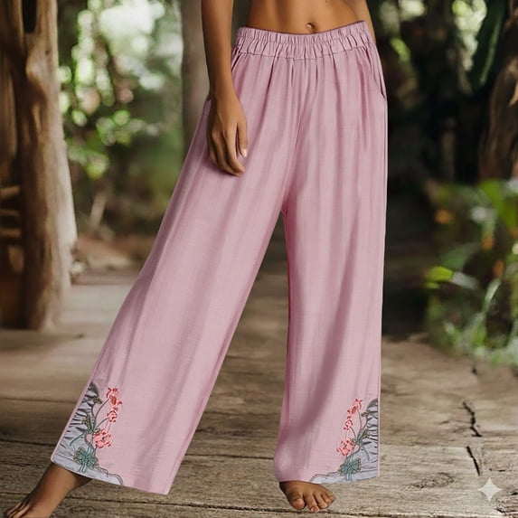 Endives Womens Wide Leg Pant Casual Daily Embroidery Flower Ptinted Cotton Linen Pant Retro Plus Size Pants Pink