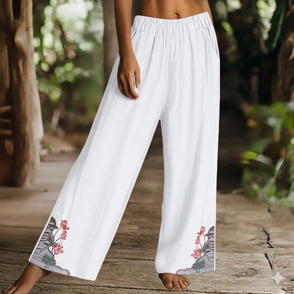 Endives Womens Wide Leg Pant Casual Daily Embroidery Flower Ptinted Cotton Linen Pant Retro Plus Size Pants White