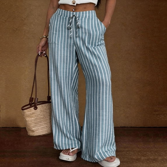 Endives Womens Wide Leg Pant Casual Elastic High Waist Drawstring Loose Wide Leg Striped Pants Baggy Beach Pants With Pockets Summer Beach Vacation Clothes Blue S