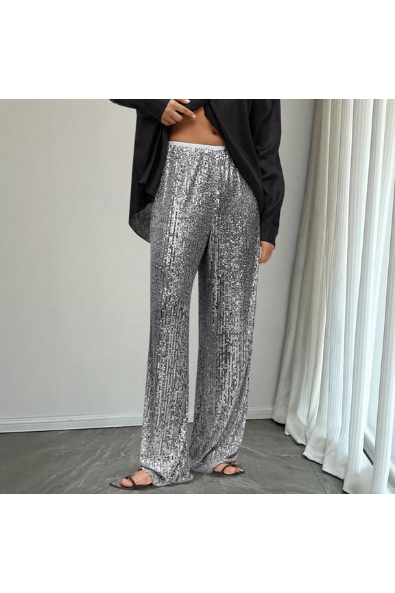 Womens Wide Leg Sequin Pants Elastic High Waisted Glitter Dance Pants Club Night Party Sequin Pants Grey
