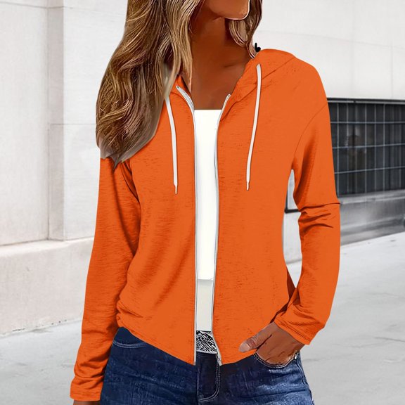 Endives Womens Zip Up Jackets Basic Lightweight Sweatshirt Print Long Sleeve Shirts Drawstring Hoodies Coat 2025 Fall Plus Size Orange