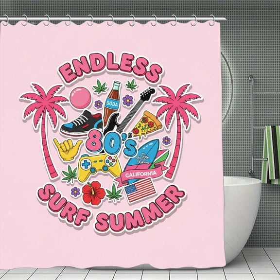 Endless 80s California Surf Collage Print Shower Curtain 70.870.8Inch,Modern Fabric Waterproof Polyester Bathroom Home Decor Set with Hooks