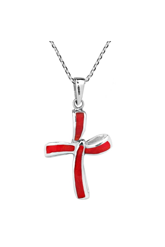 Endless Faith Infinity Cross with Synthetic Red Coral Sterling Silver Necklace