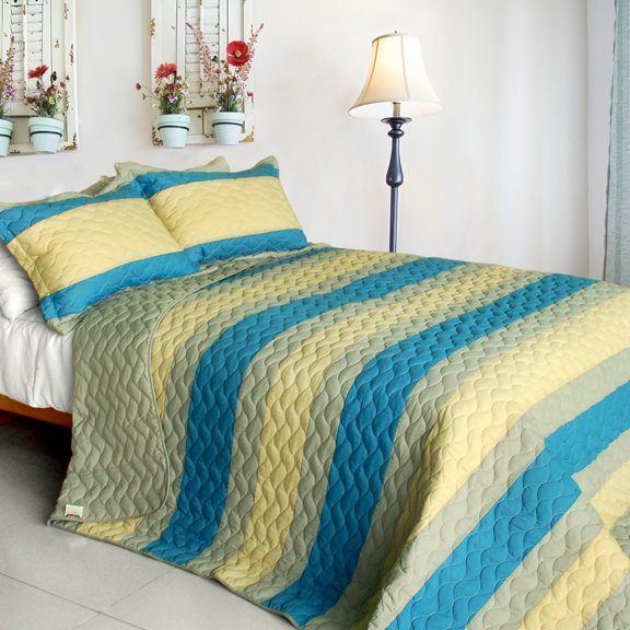 Endless Horizon 3PC Vermicelli-Quilted Patchwork Quilt Set (Full/Queen Size)
