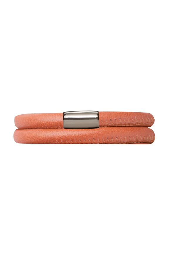Coral Leather 40cm/8.0inch Double Leather Bracelet Steel Finish