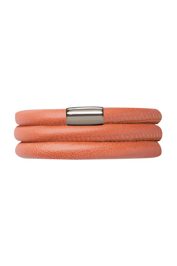 Coral Leather 57cm/7.5inch Triple Leather Bracelet Steel Finish