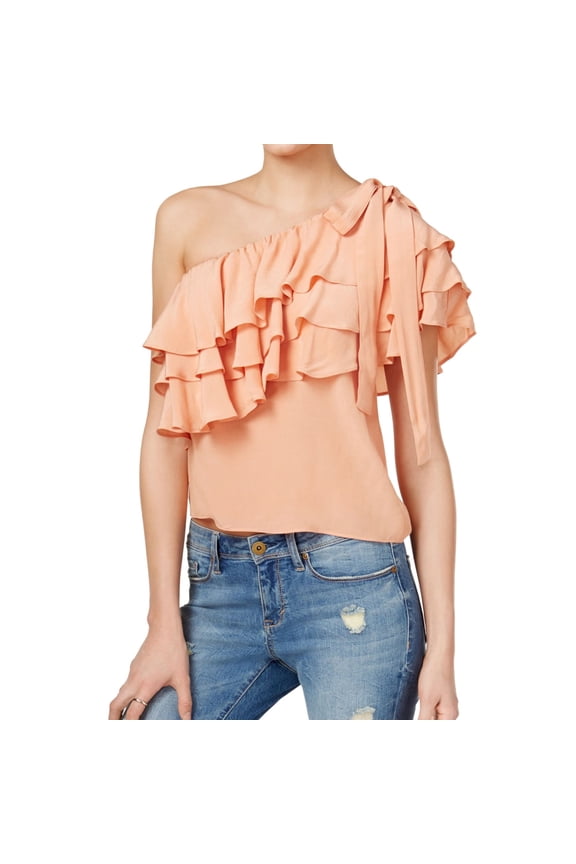 Womens Ruffled Knit Blouse, Orange, Small