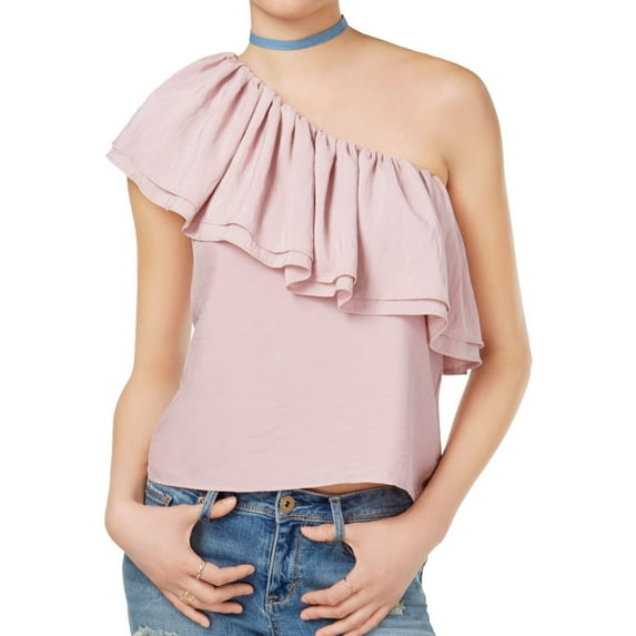 Endless Rose Womens Ruffle One Shoulder Blouse, Pink, X-Small