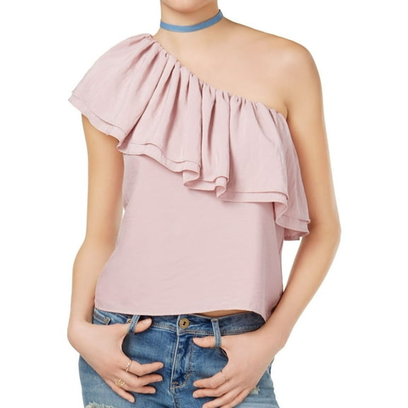 Endless Rose Womens Ruffle One Shoulder Blouse, Pink, X-Small