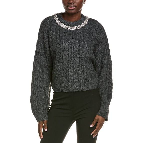 Endless Rose womens Jewel Embroidered Fuzzy Cable Chunky Wool-Blend Sweater,