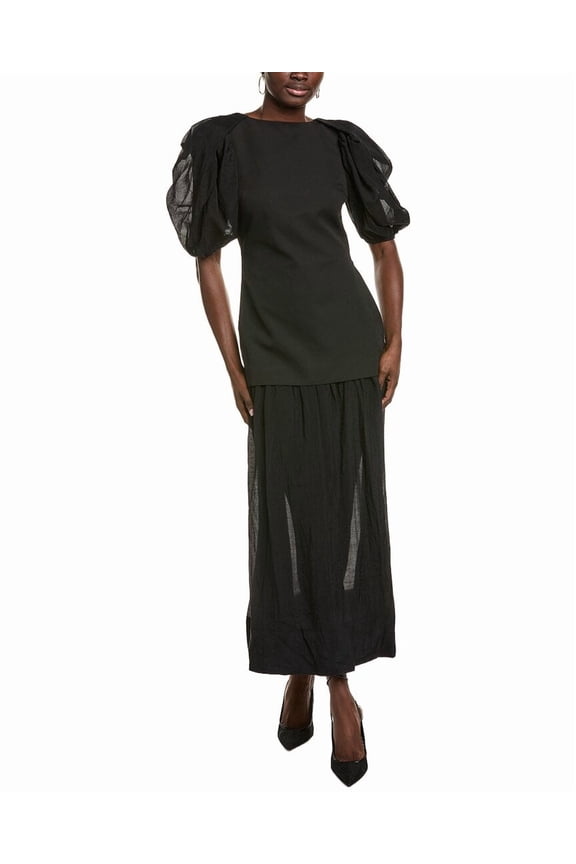 womens  Mixed Media Drop-Waist Maxi Dress, xs, Black