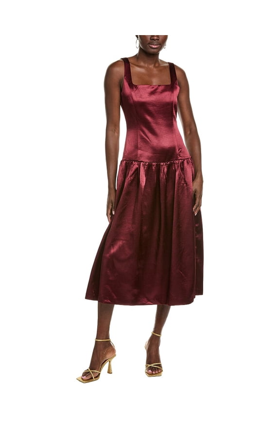 womens Satin Velvet Drop-Waist Midi Dress, xs, Red