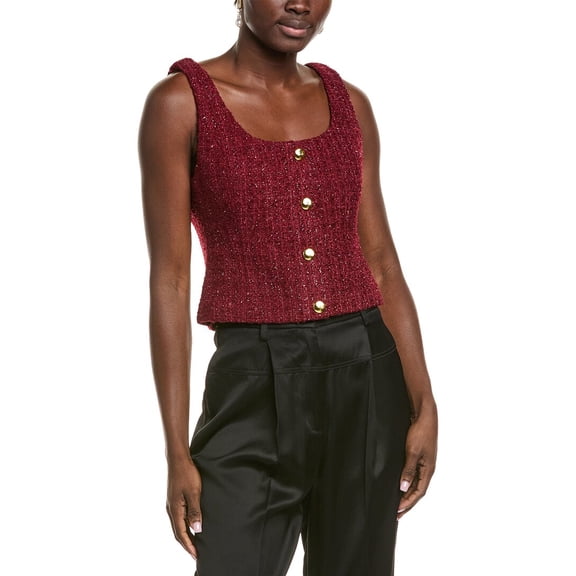 Endless Rose womens  Tweed Scoop Neck Buttoned Wool-Blend Top, l, Red