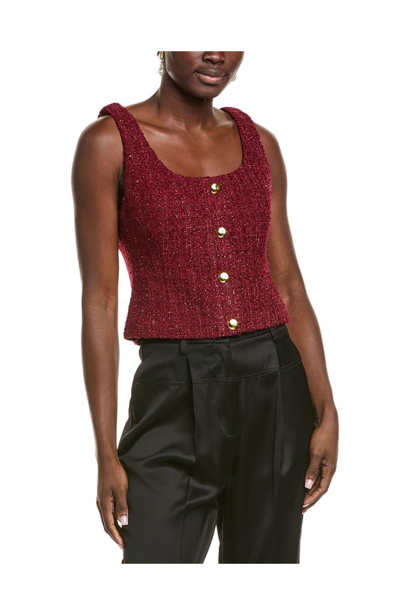 womens Tweed Scoop Neck Buttoned Wool-Blend Top, m, Red