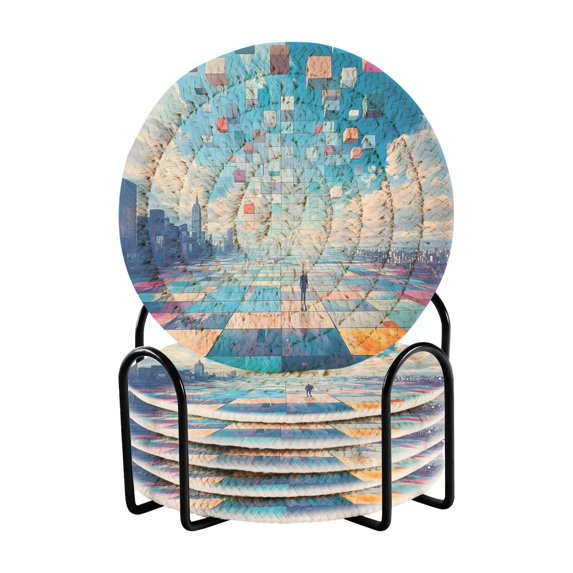 Endless Square Coasters with Holder for Coffee Table 6 Pcs Drink Coaster Sets Absorbent for Home Decor 4 inch