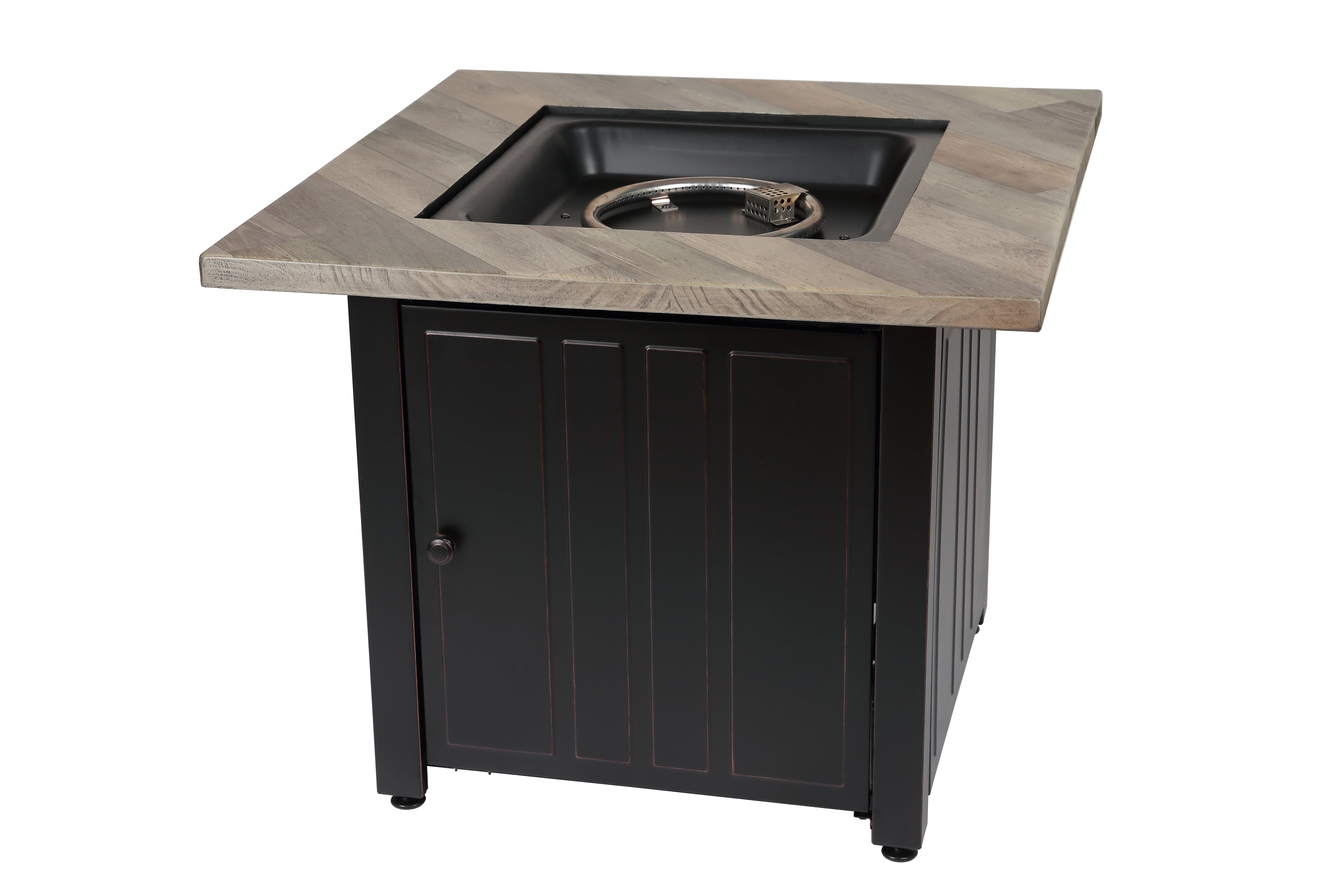 Black and Gray Steel Gas Fire Pit Table with Faux Wood Mantel